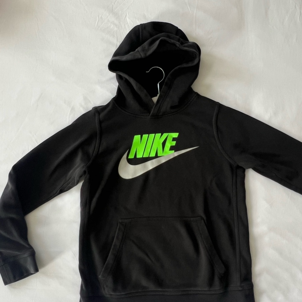 Youth L Nike Black Hoodie with Neon Green Logo